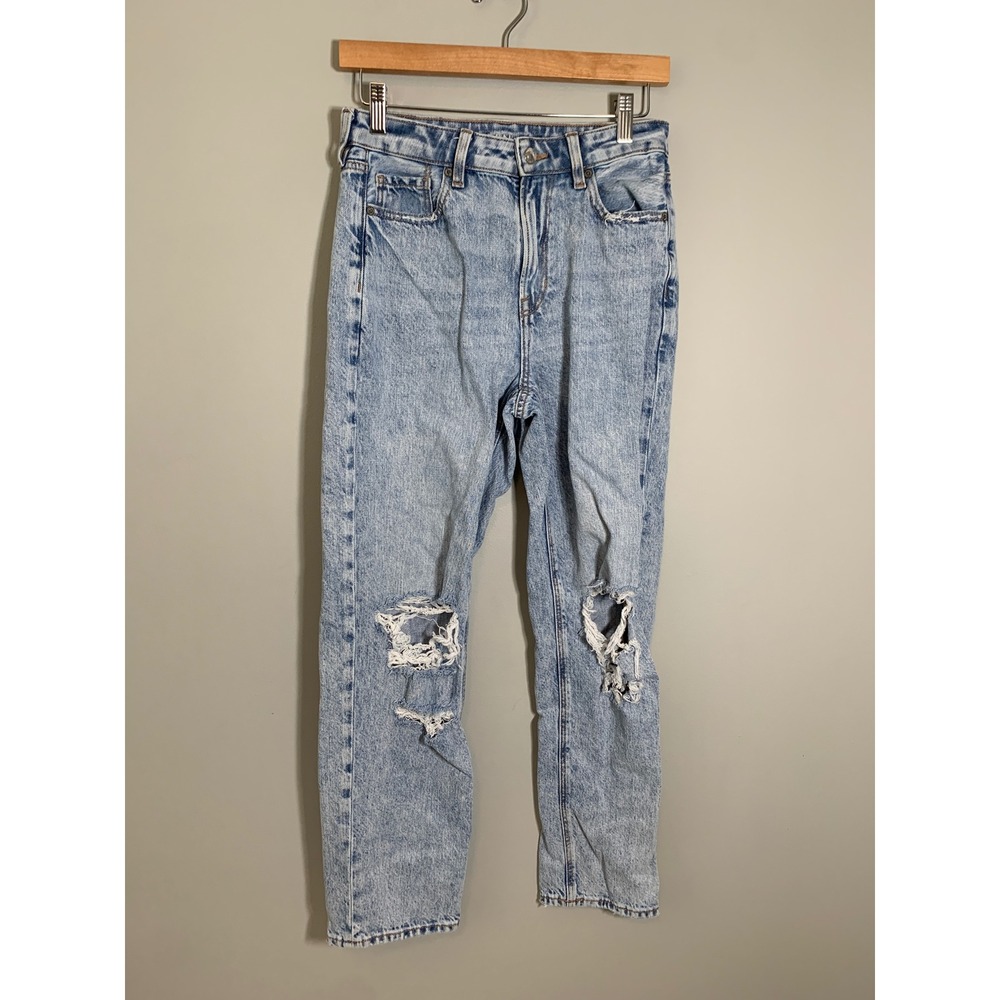 American Eagle Mom Straight Jean Women 4 Blue Distressed High Rise Light Wash